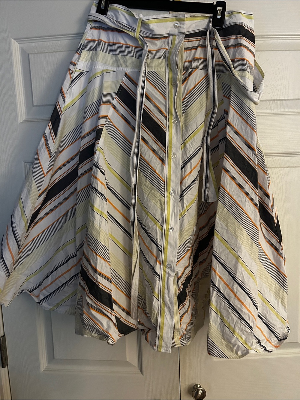 Button-Front Striped Midi Skirt in White with Black & Yellow Accents